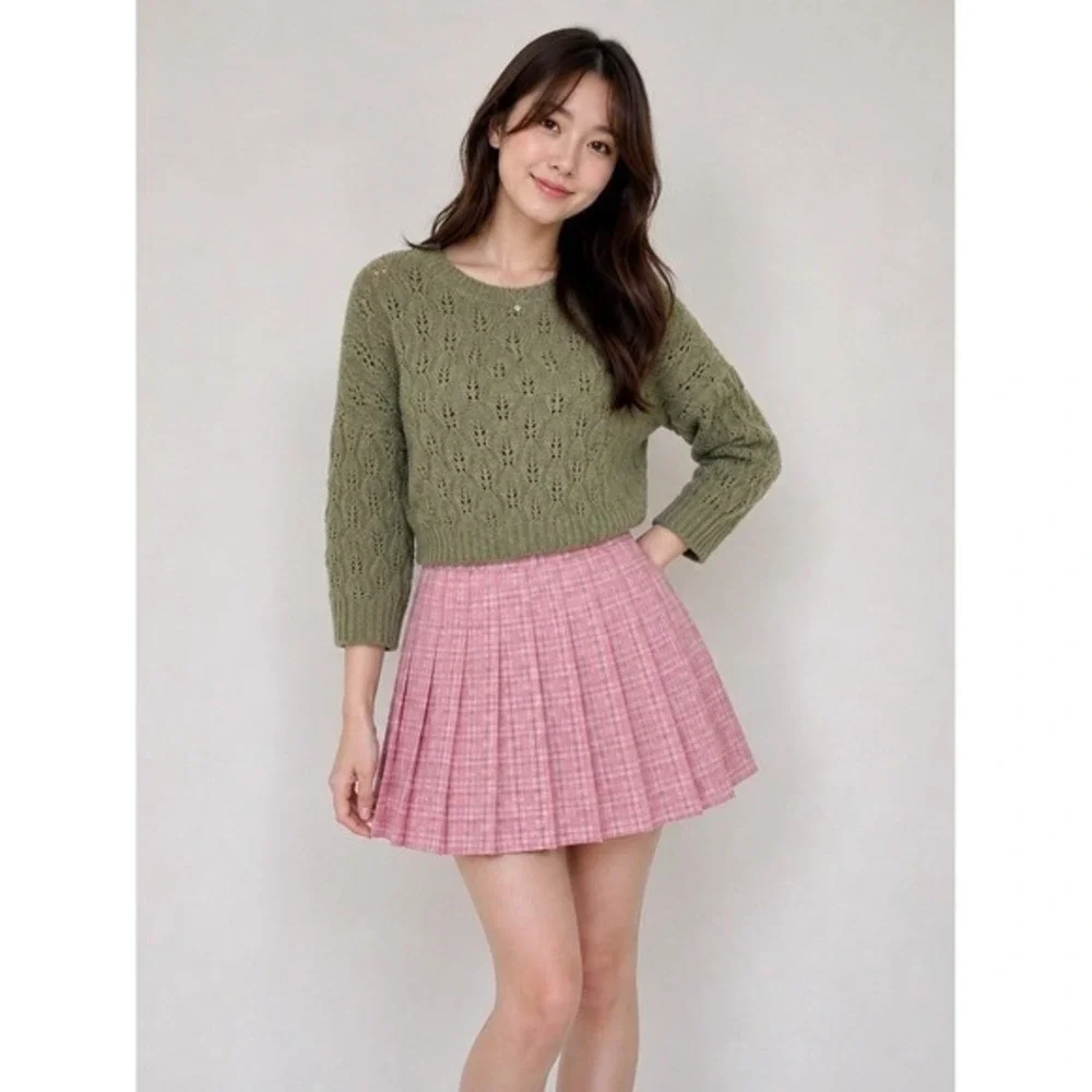 SO Goods for Life Olive Green Pointelle Knit Sweater Medium Cropped Cottagecore